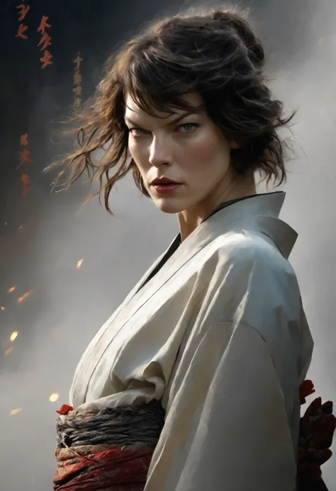 the enigmatic samurai woman (milla jovovich) wielding a long japanese sword, splitting with each powerful slash、enveloped in the...