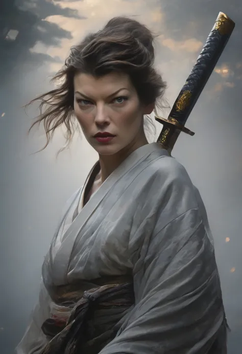 the enigmatic samurai woman (milla jovovich) wielding a long japanese sword, splitting with each powerful slash、enveloped in the...