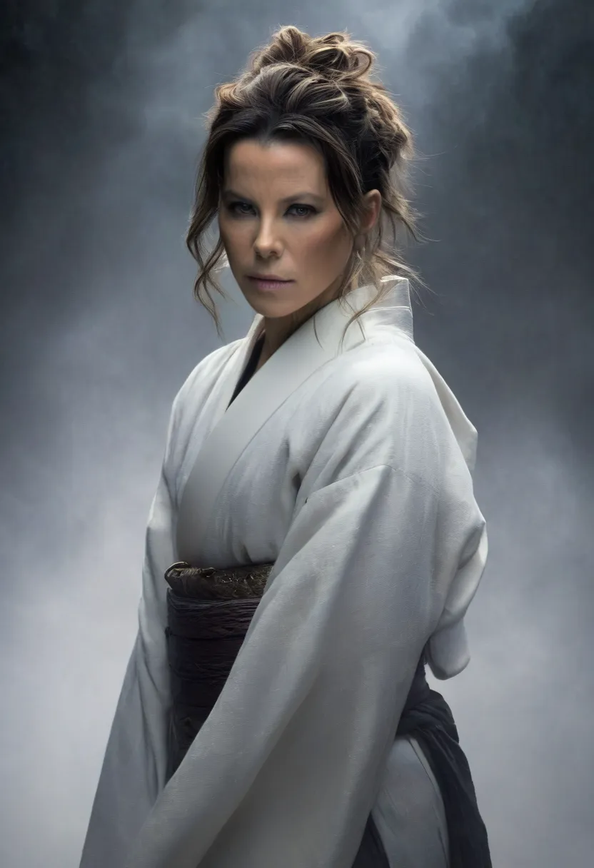 the enigmatic samurai woman (kate beckinsale) wielding a long japanese sword, splitting with each powerful slash、enveloped in th...