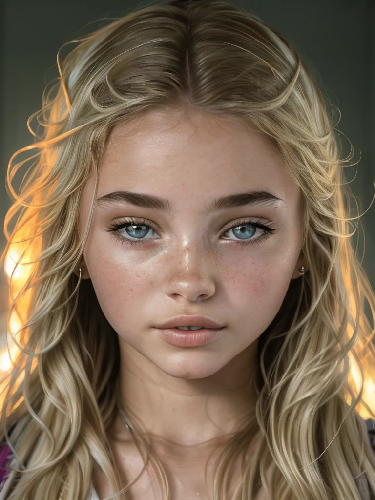 1 young girl, blonde hair, white glam wet skin, fishnet bra, flat chested, 13yo (best quality:1) , (masterpiece:1), (ultra detailed:1), photorealism, upper body, (looking at viewer:1.1), (indoors, daylight, brightness, sun room:1.2)
side on, shoulder length hair, choker, atmospheric, moody and pouty, real person
