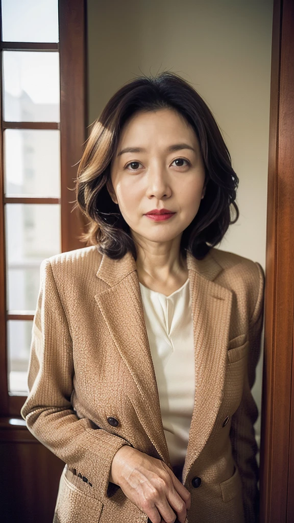 ((Kumiko Otsuka)), masterpiece, ((Great Focus)), 32K, Beautiful finish, Beautiful mature elderly woman, 120-year-old woman, Portraiture, View from the front, Short Bob, Red lips, Thin lips, Show off your breasts, business suit, sexy, Round 1, Light from the front,