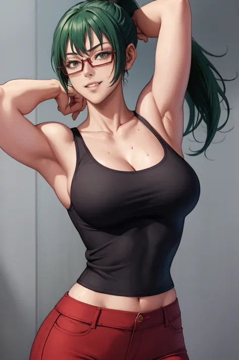 masterpiece, best quality, maki zenin, glasses, black tanktop, green hair, ponytail,red pants, looking at viewer, small breasts,...