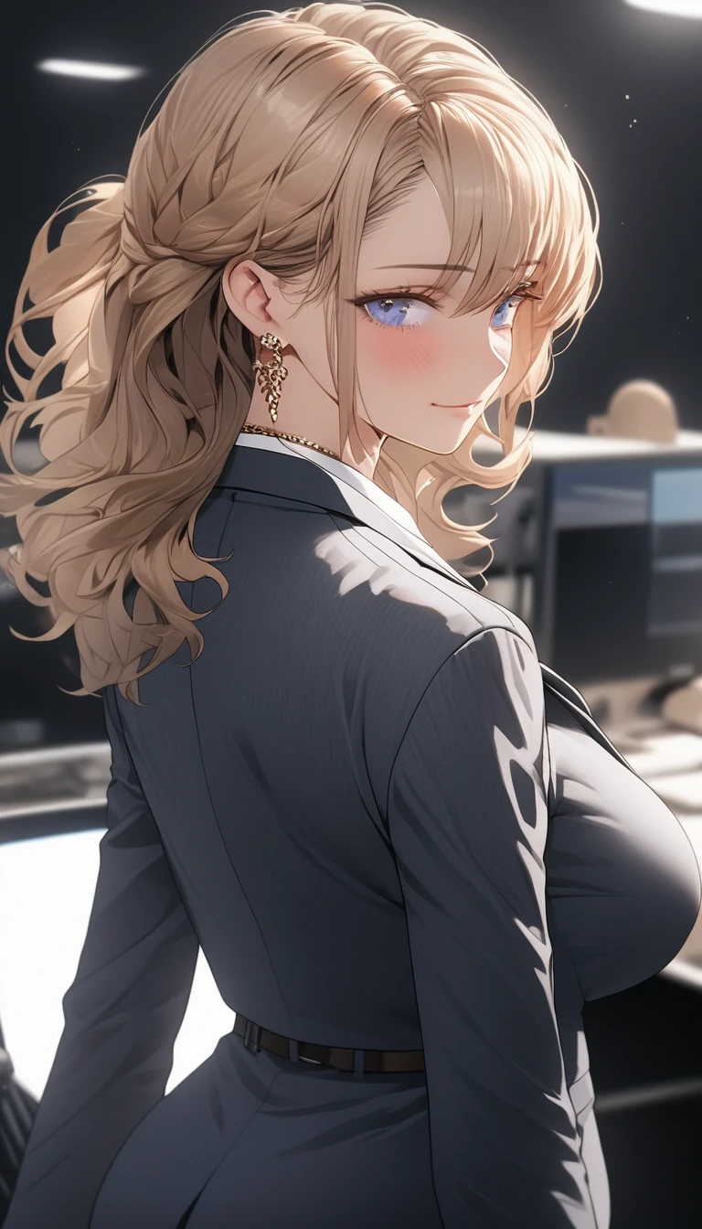 ((masterpiece)), ((high quality)),((ultra-detailed)), ((extremely detailed)), 4K,8K, manga style, wearing navy pants suit, office lady, in Office Suit, white pinstripe collared shirt, brown belt, necklace, black slim fit pants, middle big breast, middle big ass, a beautiful woman, 1girl, solo, midium wavy gold hair, swept bangs, perfect hands, perfect face, (perfect eyes:1.2), perfect legs, eyeshadow, cartilage piercing, black and blue eyes, hand on ass, beauty eyes, back view, white background, serious, 1 girl, office lady, earrings, necklace, cute face, full body, smile, best quality, depth of field, white plain background, cinematic lighting, aesthetic, detailed face ((realistic)), detailed clothes,streaming tears, crying, tears,perfect body, nice body, curvy,Bangs over the eyes, ,AddXL長い髪, 