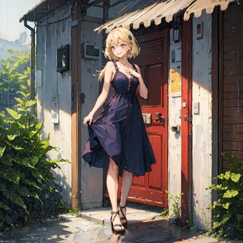 (8k, super high quality, masterpiece), (detailed), one woman, cute, small breasts, blonde, navy blue dress, floral, hawaiian dre...