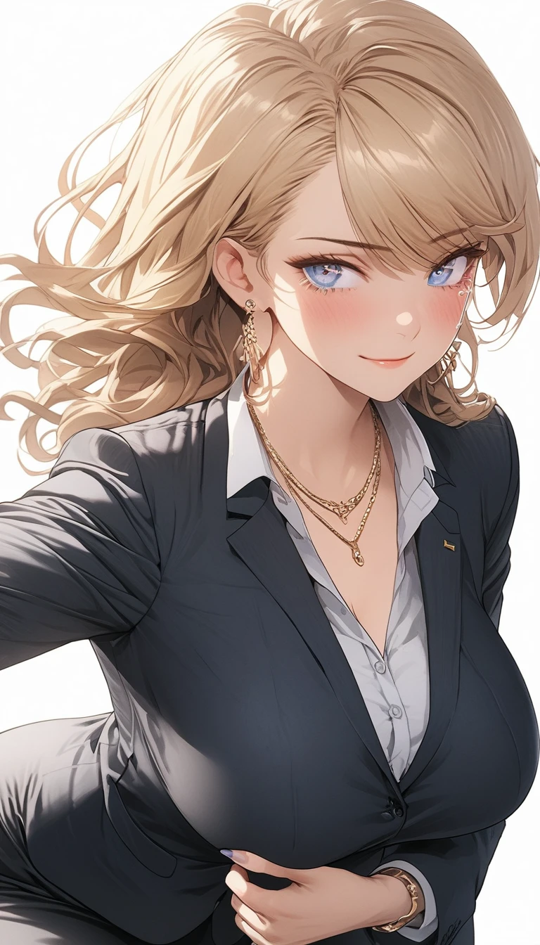 ((masterpiece)), ((high quality)),((ultra-detailed)), ((extremely detailed)), 4K,8K, manga style, wearing navy pants suit, office lady, in Office Suit, white pinstripe collared shirt, brown belt, necklace, black slim fit pants, middle big breast, middle big ass, a beautiful woman, 1girl, solo, midium wavy gold hair, swept bangs, perfect hands, perfect face, (perfect eyes:1.2), perfect legs, eyeshadow, cartilage piercing, black and blue eyes, hand on ass, beauty eyes, back view, white background, serious, 1 girl, office lady, earrings, necklace, cute face, full body, smile, best quality, depth of field, white plain background, cinematic lighting, aesthetic, detailed face ((realistic)), detailed clothes,streaming tears, crying, tears,perfect body, nice body, curvy,Bangs over the eyes, ,AddXL長い髪, butt attack