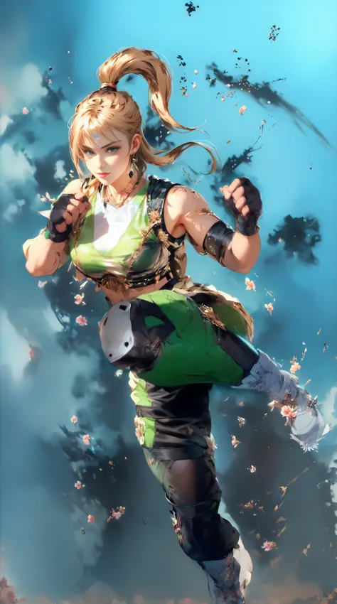 in a bold, neon-lit niji style, sonya blade stands triumphant in a vibrant green top and black pants, her fighter's stance exudi...