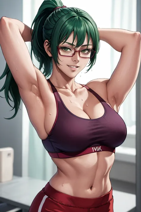 masterpiece, best quality, maki zenin, glasses, sport bra, green hair, ponytail,red pants, looking at viewer, small breasts, upp...