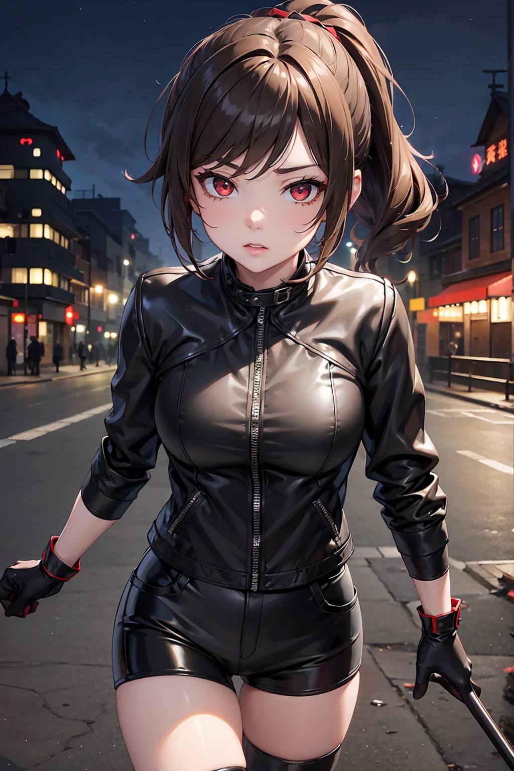 ((masterpiece)),(( The best quality)), (detailed), expressive eyes, (perfect face), 1 girl, (chiori, genshin impact), (brown hair short ponytail), (red eyes, aggressive eyes, detailed eyes), (sensual lips), (Sensual expression), (slim build), View from the front, (black short t-shirt), (black leather jacket), (Black gloves), (black shiny leggings), (black boots), (city at night), (standing),