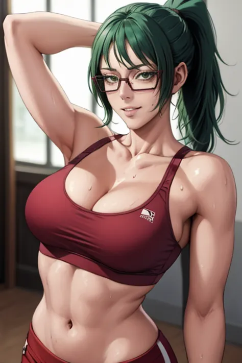 masterpiece, best quality, maki zenin, glasses, sport bra, green hair, ponytail,red pants, looking at viewer, small breasts, upp...