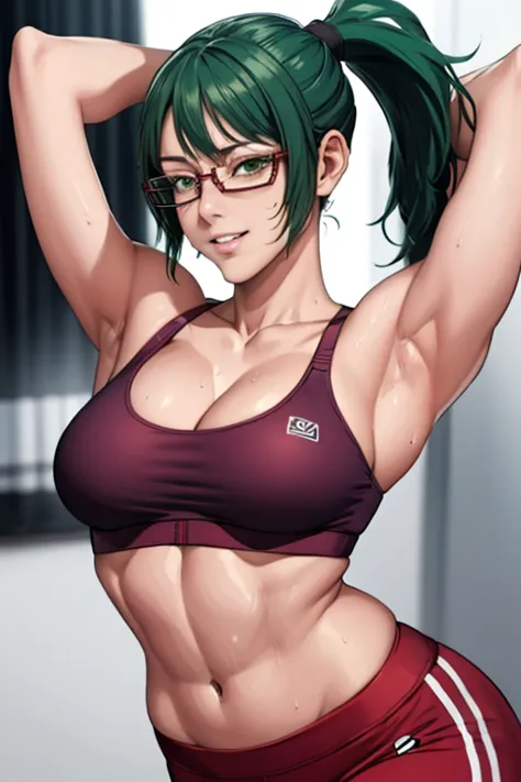 masterpiece, best quality, maki zenin, glasses, sport bra, green hair, ponytail,red pants, looking at viewer, small breasts, upp...