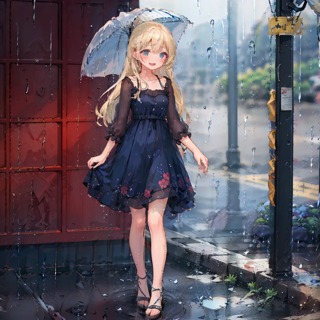 (8k, super high quality, masterpiece), (detailed), One Woman, cute, Small breasts, blonde, Navy Blue Dress, Floral, Hawaiian Dress, Sandals, whole body, rain, Don&#39;t use an umbrella, soaked, Childlike, The best smile, Water Drop, My clothes are wet and shining, Splash