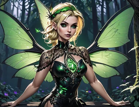 dark tinkerbell, goth fairy, with a tattoo on her chest, in style of anne stokes, full body pose, full length portrait of fairy,...