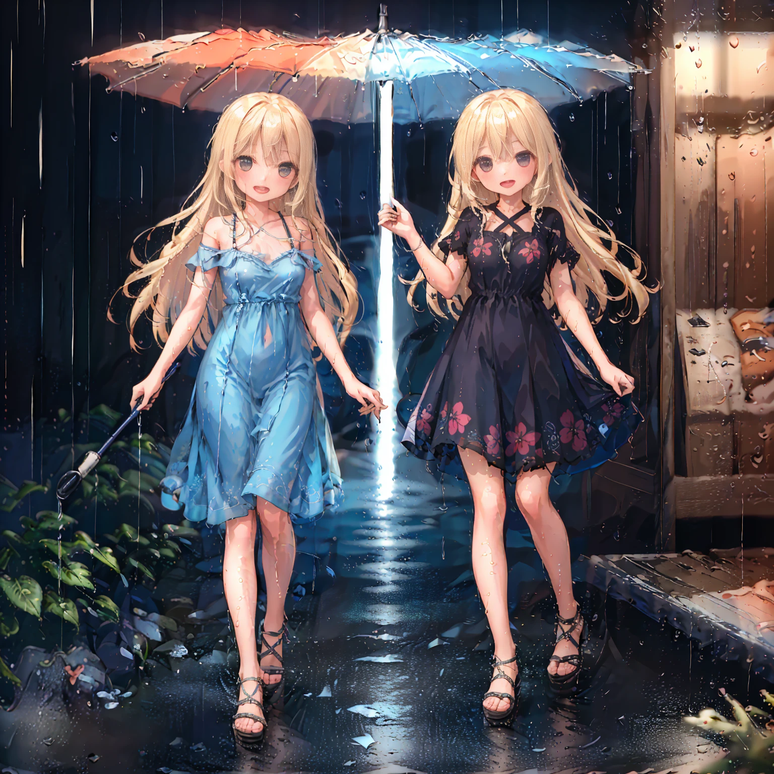 (8k, super high quality, masterpiece), (detailed), One Woman, cute, Small breasts, blonde, Navy Blue Dress, Floral, Hawaiian Dress, Sandals, whole body, rain, Don&#39;t use an umbrella, soaked, Childlike, The best smile, Water Drop, My clothes are wet and shining, Splash