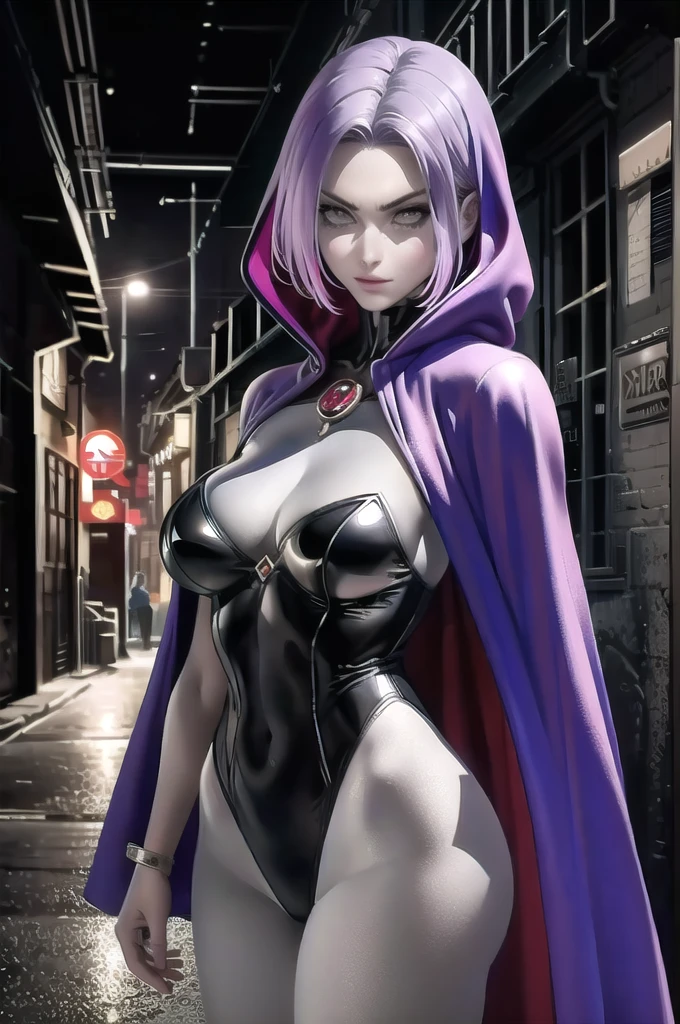 1girls, (solo:1.3), (cowboy shot:1.3), (looking at viewer:1.2) style raven dc
raven_(dc), short hair, (purple hair:1.3), (colored skin:1.3), (grey skin:1.5), forehead jewel, leotard, (purple cape), belt, thighs, (large breasts:1.2), (black leotard:1.2), (purple leotard:0.8), highleg leotard, highleg, hood, long sleeves, curvy, young female
BREAK sakimichan, (realistic shading:1.2), semi-realistic proportions, soft shading, minimal lineart
BREAK intricate details, (masterpiece:1.3), (best quality:1.3), (perfect anatomy:1.4) BREAK, (night:1.5), (dark alleyway inside a large city:1.2), (wireframe fence:1.2), (trash lying around:1.2), concrete, sparse lighting, (dystopian)