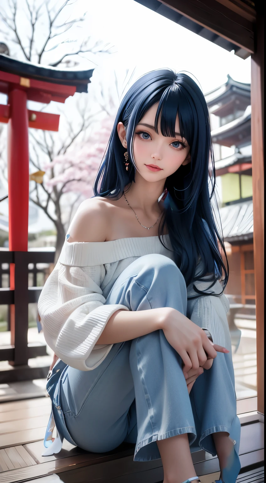 A beautiful woman wearing a white off-the-shoulder top, blue denim wide-leg pants, and beige platform sandals, detailed face, beautiful eyes, full lips, long eyelashes, elegant posture, serene expression, photorealistic, 8k, high quality, cinematic lighting, natural setting, landscape background, warm color palette, soft focus, detailed fabric textures, realistic rendering