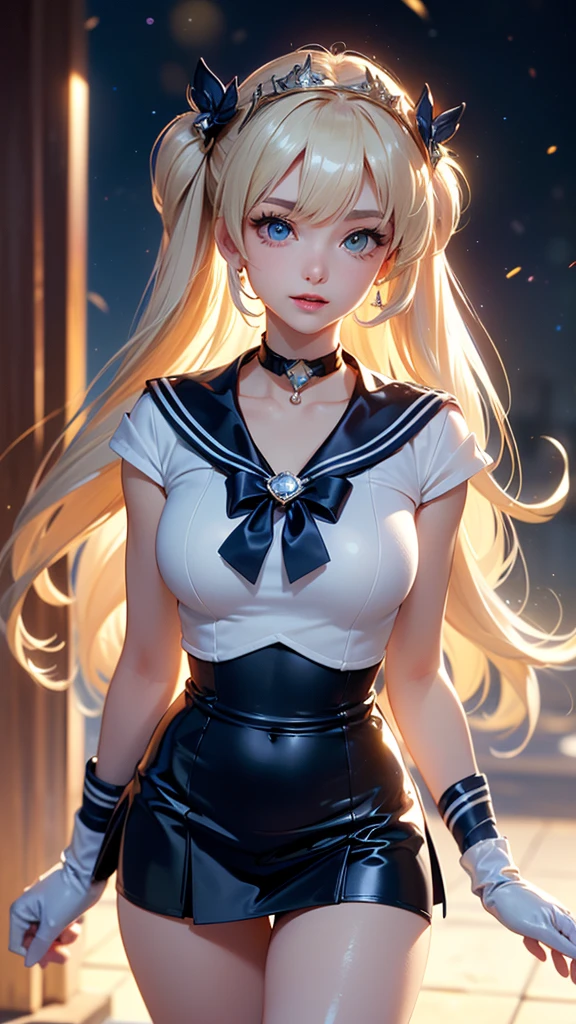 (the best quality,A high resolution,Ultra - Detailed,real),Ariana Grande, 2, (meishaonv,(Sailor police officer:1.4) ,land, (sailor senshi marinheiro: 1.4) , (Sailor police officer: 1.2), Blonde with incredibly long and shiny twin tails, Thin and blonde, very long, straight twin ponytail, good, Red round hair ornament in a good, sailor senshi, colossal breasts, (Silver blue color, Blue sailor collar, Silver blue ultra pre-gate mini skirt: 1.3,The pants are visible,Super high leg swimsuit,  very large red ribbon on the chest,,,: 1.3, long white latex gloves: 1.3, Luvas vermelhas nos elbows., Very large red loop behind the waist,,: 1.1, the neckline looks bigger:1.2, a golden tiara, toys), (face details: 1.5, bright blue eyes, Pretty face, pretty eyes, Iris contour, thin lips: 1.5, fine tune, sharp pale eyebrows, far away, dark lashes, Dual Tabs), Lujosas joy doradas para todo el cuerpo, delgado, Slim and muscular,,,, a small face, perfect proportions, thin waist,  Beautiful skins<Visible Pore, seductive smile, perfect hands: 1.5, High gloss silver white holographic leather, very thin and tight., octane rendering, very dramatic image, Strong natural light, sunlight, exquisite lighting and shadow, dynamic angle, Digital SLR Cameras, sharp focus: 1.0, maximum clarity and sharpness, (Space background,police officer, dynamic background, Detailed history),(rabbit, duplo good, two-tailed, Split bangs, ring, joy, toys, choker, Red loop, white gloves, elbows, blue skirt),nsfw,mother&#39;s curtains,( background alley walls big stones Tokyo:1.4) an14, HortyUnderscoreTI