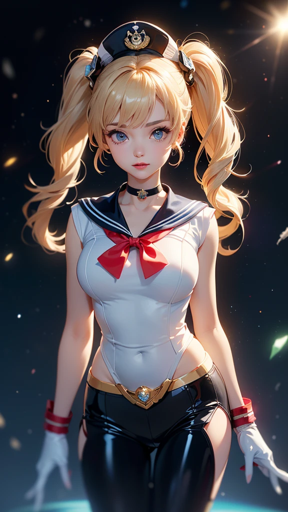 (the best quality,A high resolution,Ultra - Detailed,real),Ariana Grande, 2, (meishaonv,(Sailor police officer:1.4) ,land, (sailor senshi marinheiro: 1.4) , (Sailor police officer: 1.2), Blonde with incredibly long and shiny twin tails, Thin and blonde, very long, straight twin ponytail, good, Red round hair ornament in a good, sailor senshi, colossal breasts, (Silver blue color, Blue sailor collar, Silver blue ultra pre-gate mini skirt: 1.3,The pants are visible,Super high leg swimsuit,  very large red ribbon on the chest,,,: 1.3, long white latex gloves: 1.3, Luvas vermelhas nos elbows., Very large red loop behind the waist,,: 1.1, the neckline looks bigger:1.2, a golden tiara, toys), (face details: 1.5, bright blue eyes, Pretty face, pretty eyes, Iris contour, thin lips: 1.5, fine tune, sharp pale eyebrows, far away, dark lashes, Dual Tabs), Lujosas joy doradas para todo el cuerpo, delgado, Slim and muscular,,,, a small face, perfect proportions, thin waist,  Beautiful skins<Visible Pore, seductive smile, perfect hands: 1.5, High gloss silver white holographic leather, very thin and tight., octane rendering, very dramatic image, Strong natural light, sunlight, exquisite lighting and shadow, dynamic angle, Digital SLR Cameras, sharp focus: 1.0, maximum clarity and sharpness, (Space background,police officer, dynamic background, Detailed history),(rabbit, duplo good, two-tailed, Split bangs, ring, joy, toys, choker, Red loop, white gloves, elbows, blue skirt),nsfw,mother&#39;s curtains,( background alley walls big stones Tokyo:1.4) an14, HortyUnderscoreTI