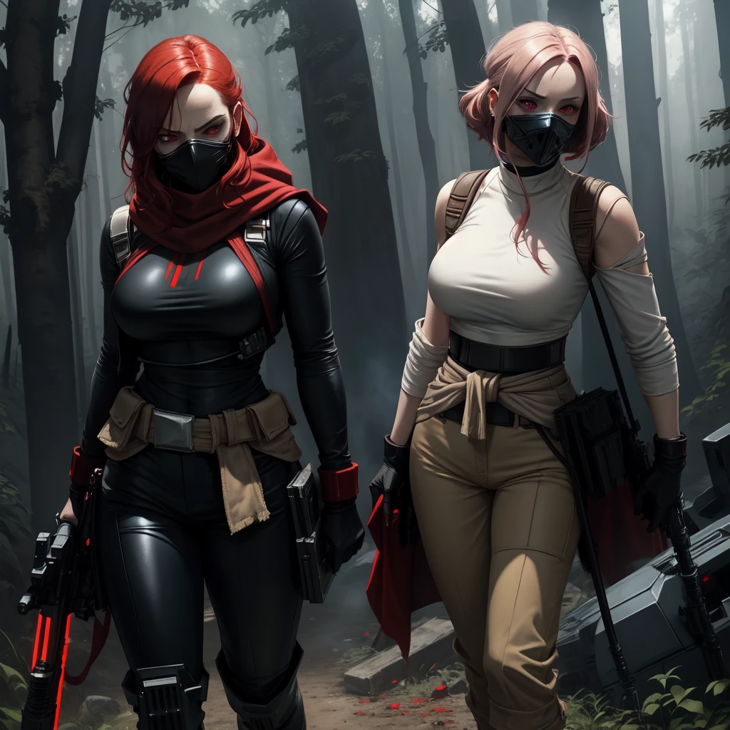 Corrupted Jedi, A red-haired woman, with a completely black mask, red neon eyes, typical white and beige Jedi clothing, black cover on the outside and red on the inside torn, black leather gloves, starwars gun on waist, coldre, white pants close to the body, athletic,  white top with waist showing, Big breasts, walking in a forest, in the background a destroyed ATAT on fire,  two lightsabers, one blue one red.