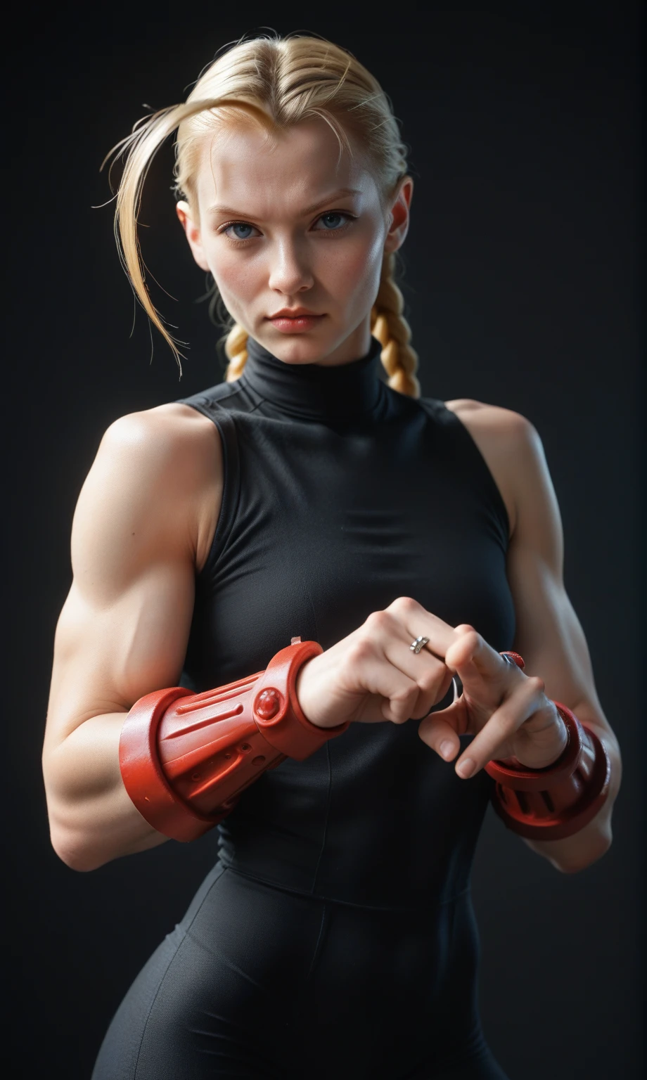 score_9, score_8_up, score_7_up, score_6_up, photorealistic, professional photo, street fighter, Cammy White, in the ring, dynamic pose, black background, neon lighting, looking at viewer, depth of field,