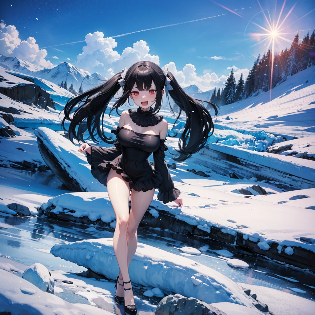 ice field, diamond dust, (solo), (1 skinny girl standing alone), swaying back, BREAK, black hair, (long two side up), red eyes, (bursting large breasts), bouncing large breasts, very short torso, skinny narrow waist, skinny legs, BREAK, (frilled very short black mini dress with frilled long sleeve:1.3), Gothic Lolita, high neck, closing chest, bared legs, thigh gap, stiletto heels, BREAK, (smile for viewer), nose blush, open mouth, orgasm, coverd erectile nipples