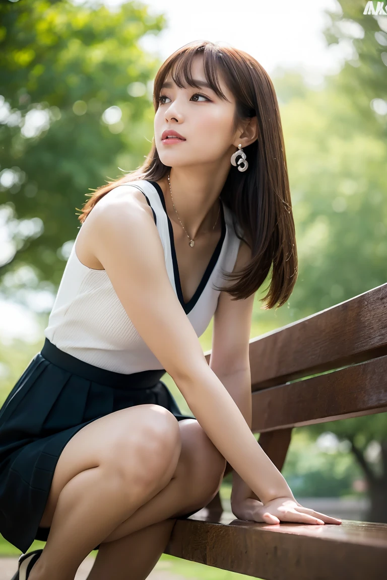 Best Quality, masterpiece, High resolution, Realistic, RAW Photos, 8K wallpaper, perfection, Professional Lighting, Very detailed, Written boundary depth, One girl, Mature, Dark night in the park, formal mini skirt dress、one piece、High heels,Pearl Earrings、Pearl Pendant、 (Look away), Detailed face, beautiful eyes, Sit on a bench, bangs, Shapely small breasts, Light brown straight hair, Green、Flash photography、(((Angle from below)))、Strong winds