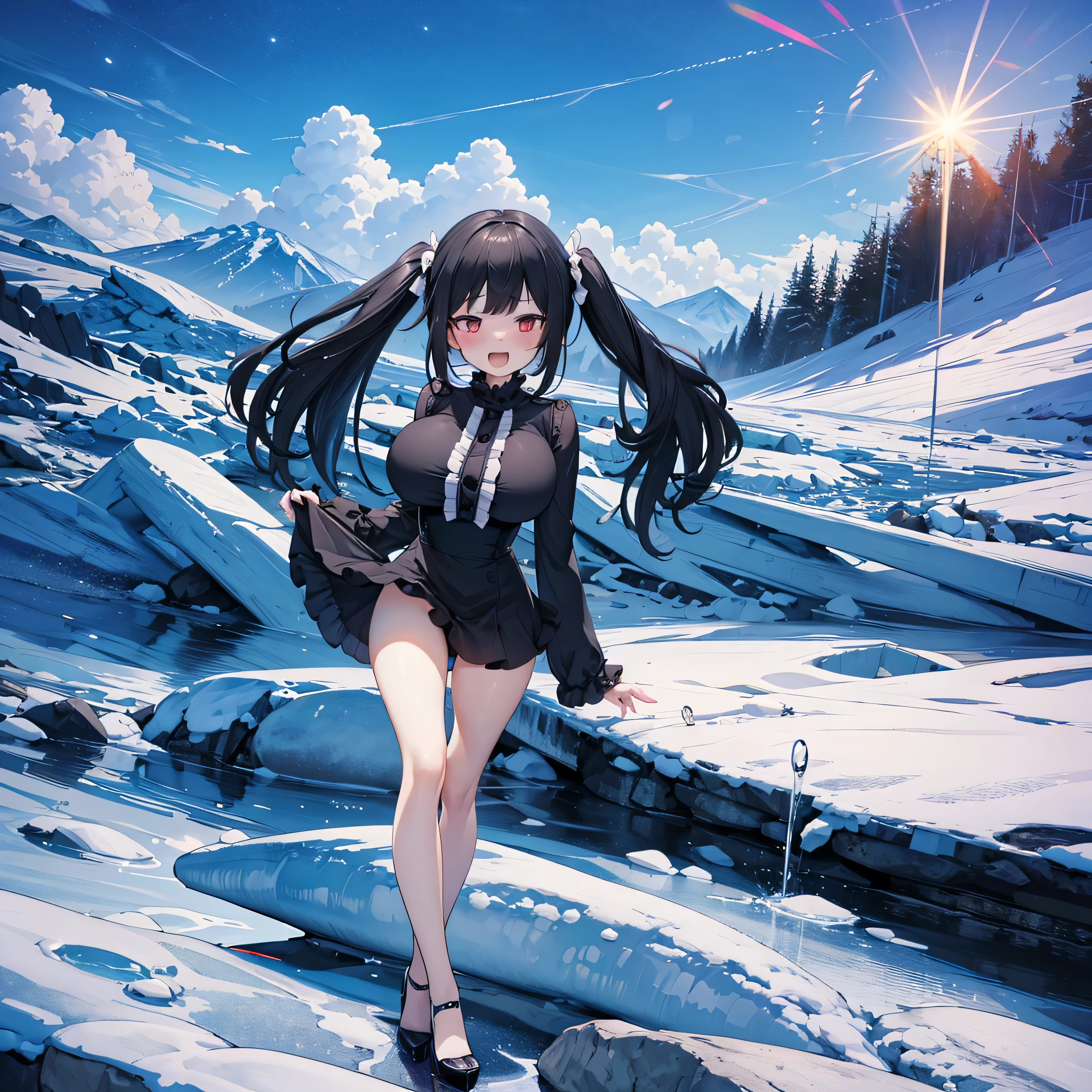 ice field, diamond dust, (solo), (1 skinny girl standing alone), swaying back, BREAK, black hair, (long two side up), red eyes, (bursting large breasts), bouncing large breasts, very short torso, skinny narrow waist, skinny legs, BREAK, (frilled very short black mini dress with frilled long sleeve:1.3), Gothic Lolita, high neck, closing chest, bared legs, thigh gap, stiletto heels, BREAK, (smile for viewer), nose blush, open mouth, orgasm, coverd erectile nipples