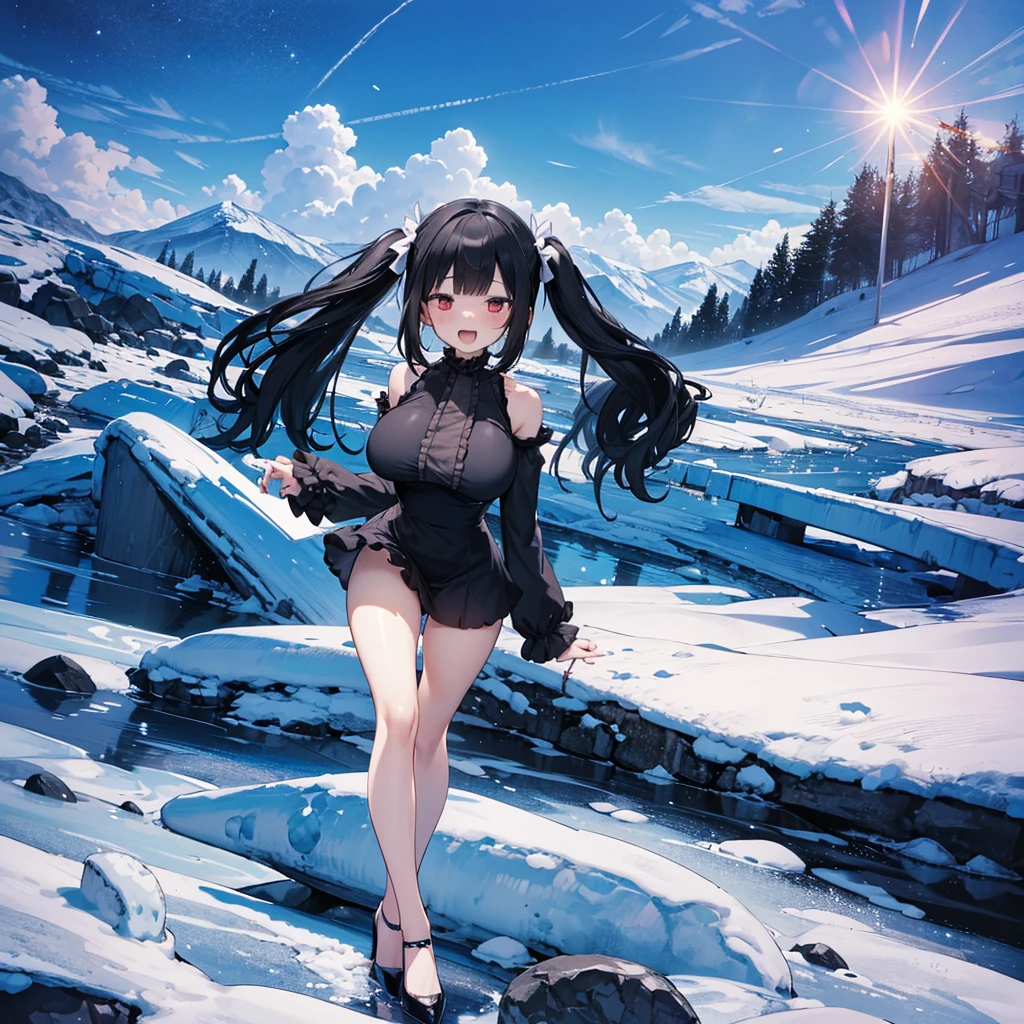 ice field, diamond dust, (solo), (1 skinny girl standing alone), swaying back, BREAK, black hair, (long two side up), red eyes, (bursting large breasts), bouncing large breasts, very short torso, skinny narrow waist, skinny legs, BREAK, (frilled very short black mini dress with frilled long sleeve:1.3), Gothic Lolita, high neck, closing chest, bared legs, thigh gap, stiletto heels, BREAK, (smile for viewer), nose blush, open mouth, orgasm, coverd erectile nipples