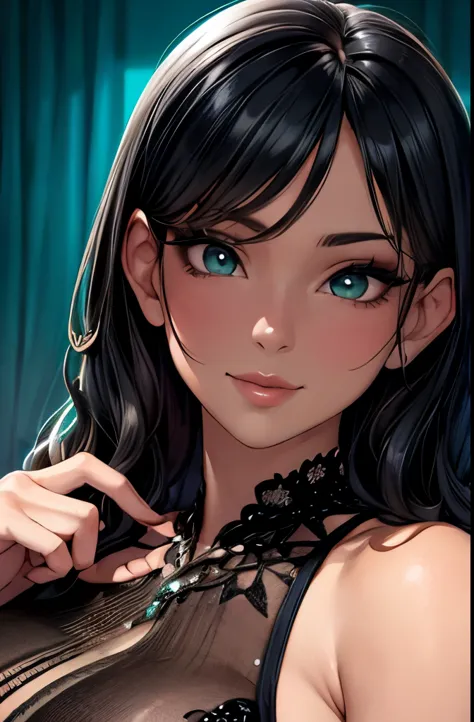 realistic, a glamour shot of a shy asian waifu with a wide smile (extremely long wavy black hair), hand on her chin, hard nipple...