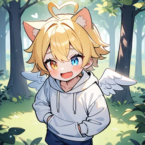 （masterpiece：1.2，high quality），8k，high resolution，a seven-year-old boy，cute boy，blonde hair，short hair， heterochromia，slit pupil...