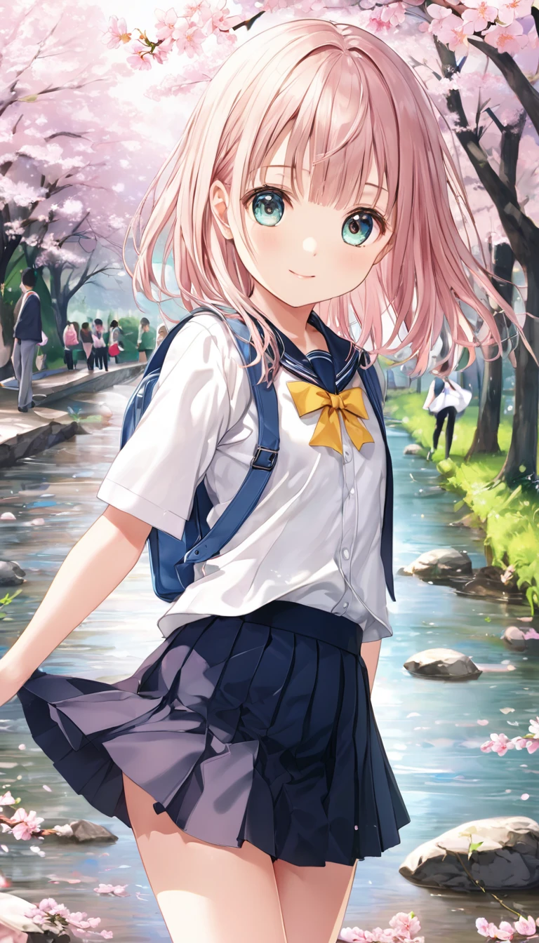 Score_9、Score_8_superior、Score_7_superior、sauce_anime、High-resolution images、Best Quality、girl、Cute Face、Beautiful Skin、Shiny Hair、Highly detailed eyes、Simple Background、Jozipan、mini skirt、Primary school students、river、cherry blossoms、とても可愛い11歳のPrimary school studentsのgirl、