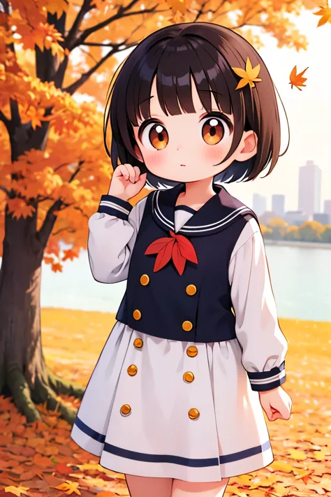 (Soft atmosphere:0.9), (Very round eyes:0.9), (cute:0.9), One ，Baby Face，Child body type，Black short hair, bangs, Sailor suit short dress, Outdoor, Autumn leaves, Early Autumn，Standing,Brown eyes，