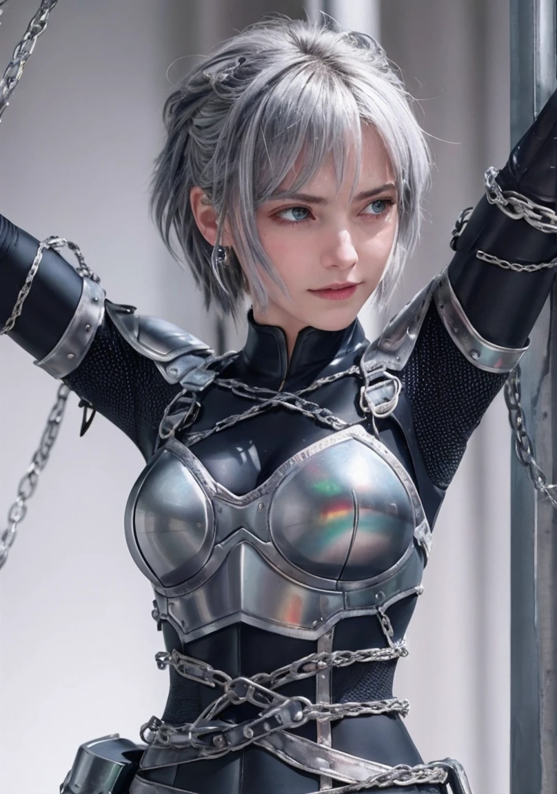 Armpit、female knight、Imprisonment、Chained in a prison、Both hands are in chains、A regretful face、blush、Tears、囚われのfemale knight、Gray Hair、Long Hair、Very reastic clean armpits, armpit lines, armpit pores, SUNSHINE ON SKIN, SUNSHINE ON ARMPIT, Very Realistic, Make armor more modern look but sexy, shoulder armor covering shoulder but exposing armpits, 