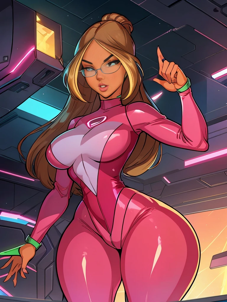 .20 years old, Gwen Tennyson-Amor,Futuristic costume, tight clothing ,medium breasts, thin waist, thick thighs,full bodysuit With technology details, researcher pose, Technological glasses, Technology clip in hair.Sexually attractive dynamic pose