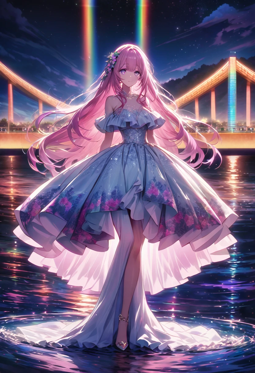 ``A beautiful woman with long pink hair and beautiful eyes wearing an elegant and detailed hawaiian dress.The dress must have intricate designs and patterns to give it a luxurious and luxurious feel.In the background , the image should depict a romantic Hawaiian beach at night with light reflecting off the water and an illuminated bridge across the scene, emphasizing the sparkling effects and rainbows throughout the image. Enhance your look and add special ruffles to your dress to make it stand out.”