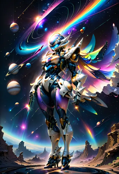 conceptual installation artwork,  iridescent cosmic rays fanning out from the back, a giant mecha transformed from saturn with c...