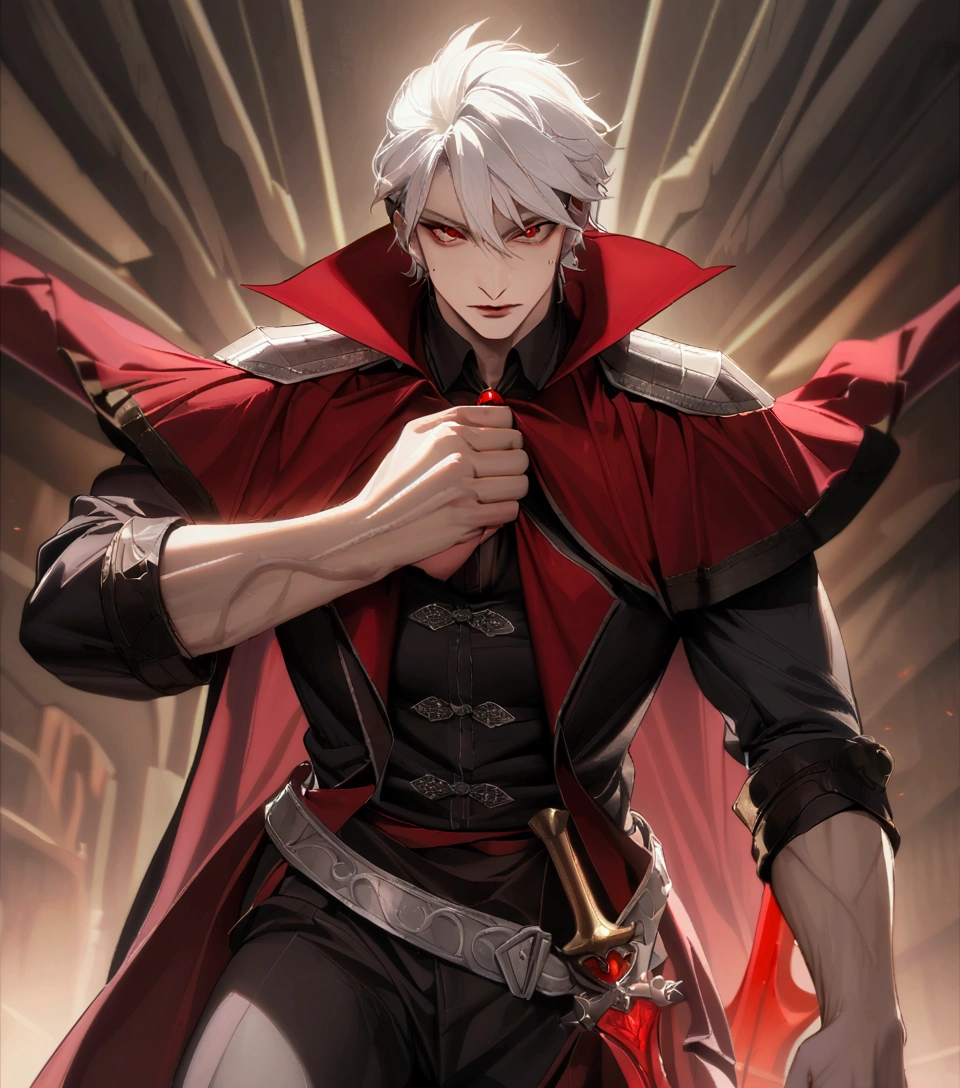 man, vampire, Anatomically correct, Short hair with highlights, strong, atletico, warrior, medieval paladin outfit, trusting, golden eyes, white hair. Red katana sword.