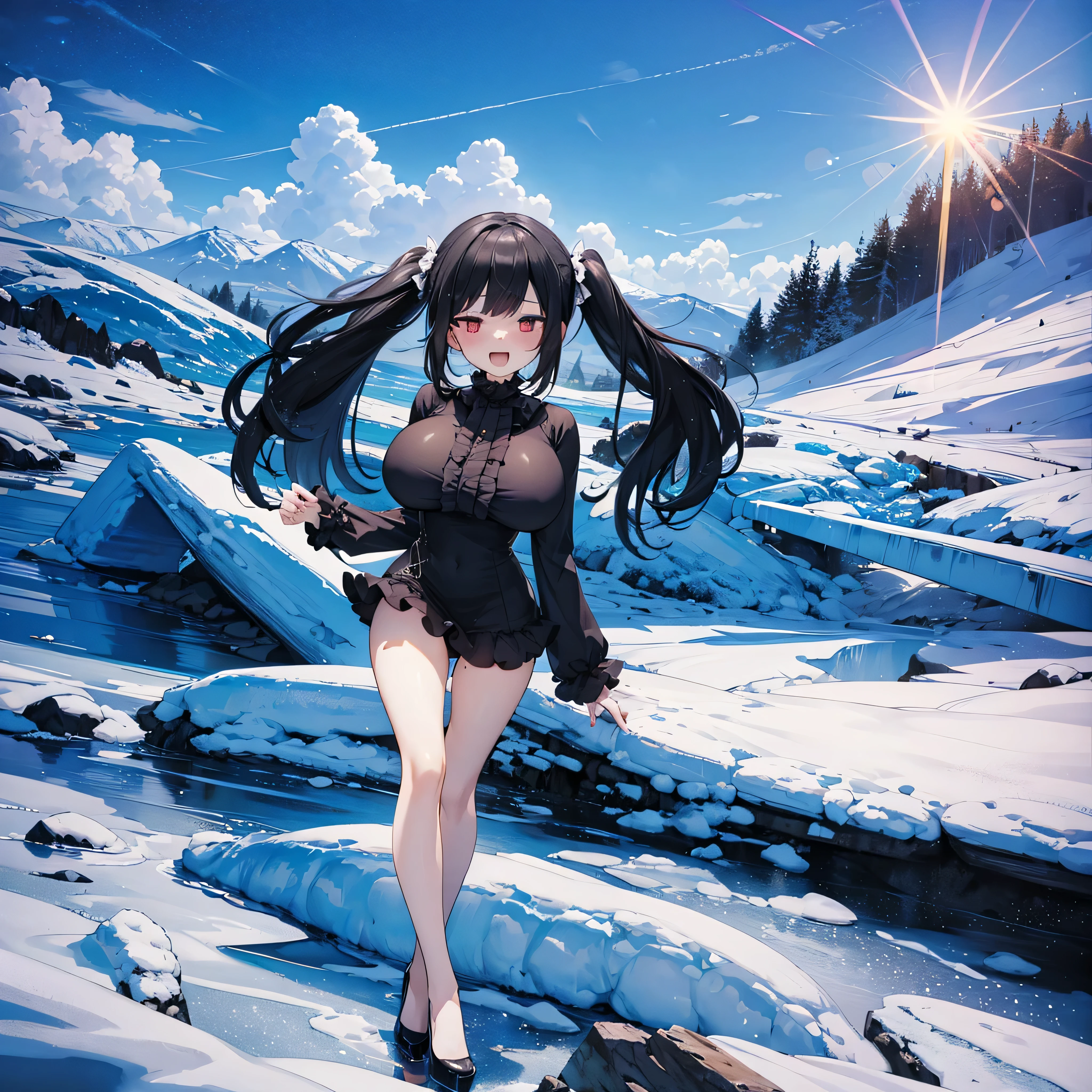 ice field, diamond dust, sun light, BREAK, (solo), (1 skinny girl standing alone), swaying back, BREAK, black hair, (long two side up), red eyes, (bursting large breasts), bouncing large breasts, very short torso, skinny narrow waist, skinny legs, BREAK, (frilled very short black mini dress with frilled long sleeve:1.3), Gothic Lolita, high neck, closing chest, bared legs, thigh gap, stiletto heels, BREAK, (smile for viewer), nose blush, open mouth, orgasm, coverd erectile nipples