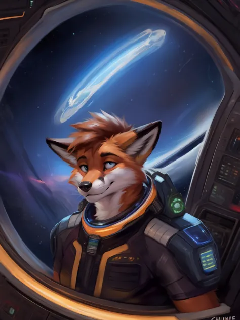 realistic, scientifically accurate, black hold, doppler shift, event horizon, accretion disk, detailed, anthro, fox, looking out...