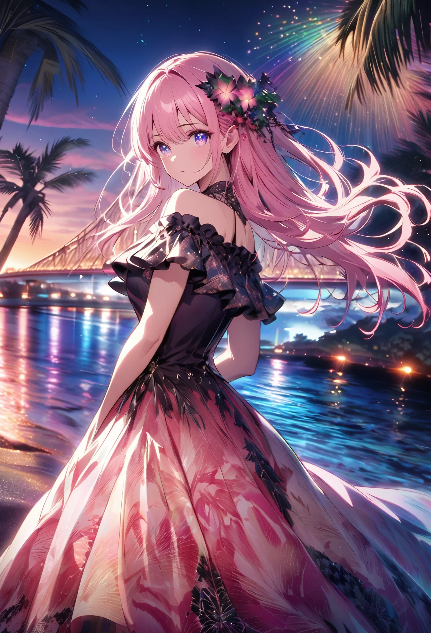 ``A beautiful woman with long pink hair and beautiful eyes wearing an elegant and detailed hawaiian dress.The dress must have intricate designs and patterns to give it a luxurious and luxurious feel.In the background , the image should depict a romantic Hawaiian beach at night with light reflecting off the water and an illuminated bridge across the scene, emphasizing the sparkling effects and rainbows throughout the image. Enhance your look and add special ruffles to your dress to make it stand out.”