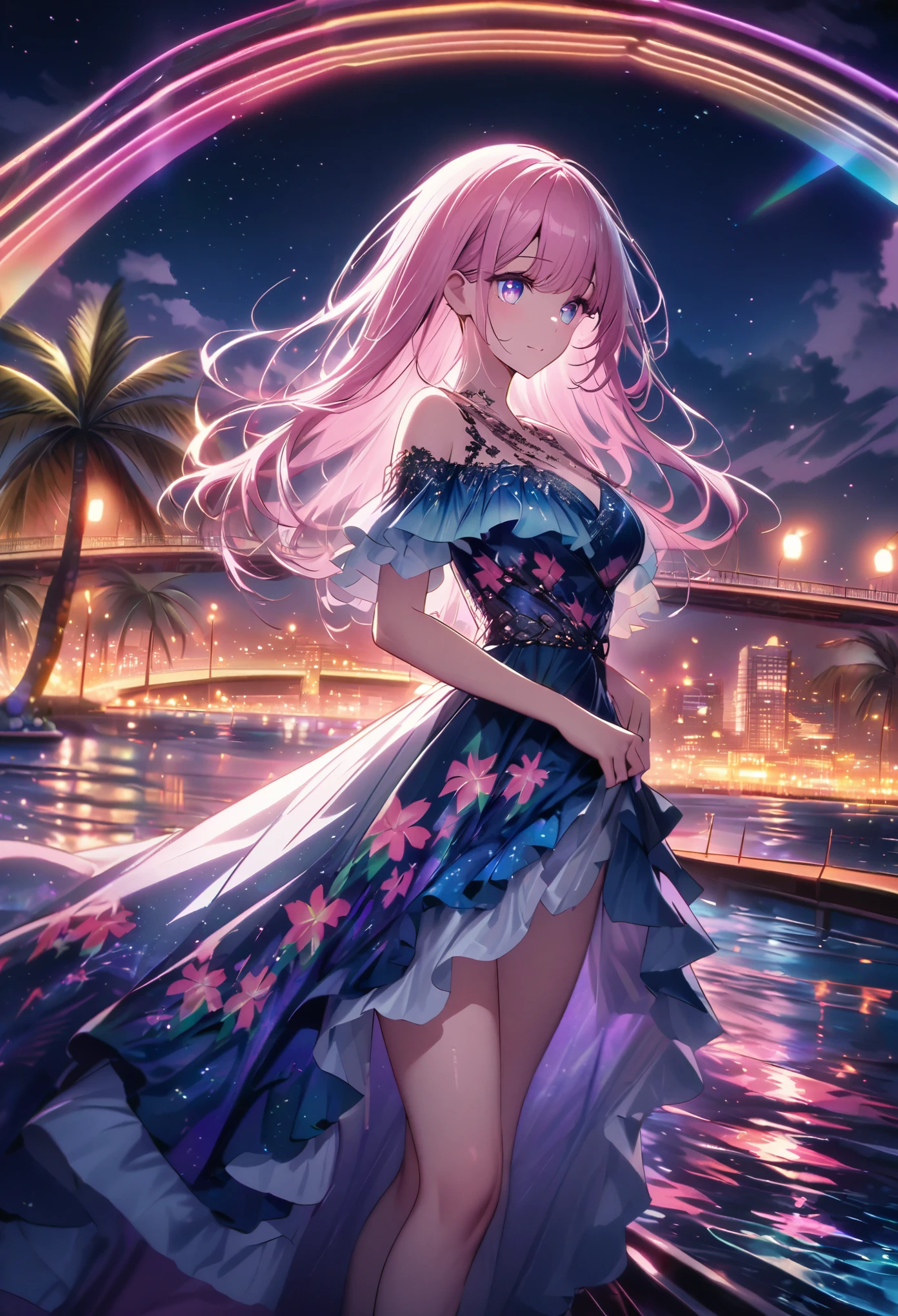 ``A beautiful woman with long pink hair and beautiful eyes wearing an elegant and detailed hawaiian dress.The dress must have intricate designs and patterns to give it a luxurious and luxurious feel.In the background , the image should depict a romantic Hawaiian beach at night with light reflecting off the water and an illuminated bridge across the scene, emphasizing the sparkling effects and rainbows throughout the image. Enhance your look and add special ruffles to your dress to make it stand out.”