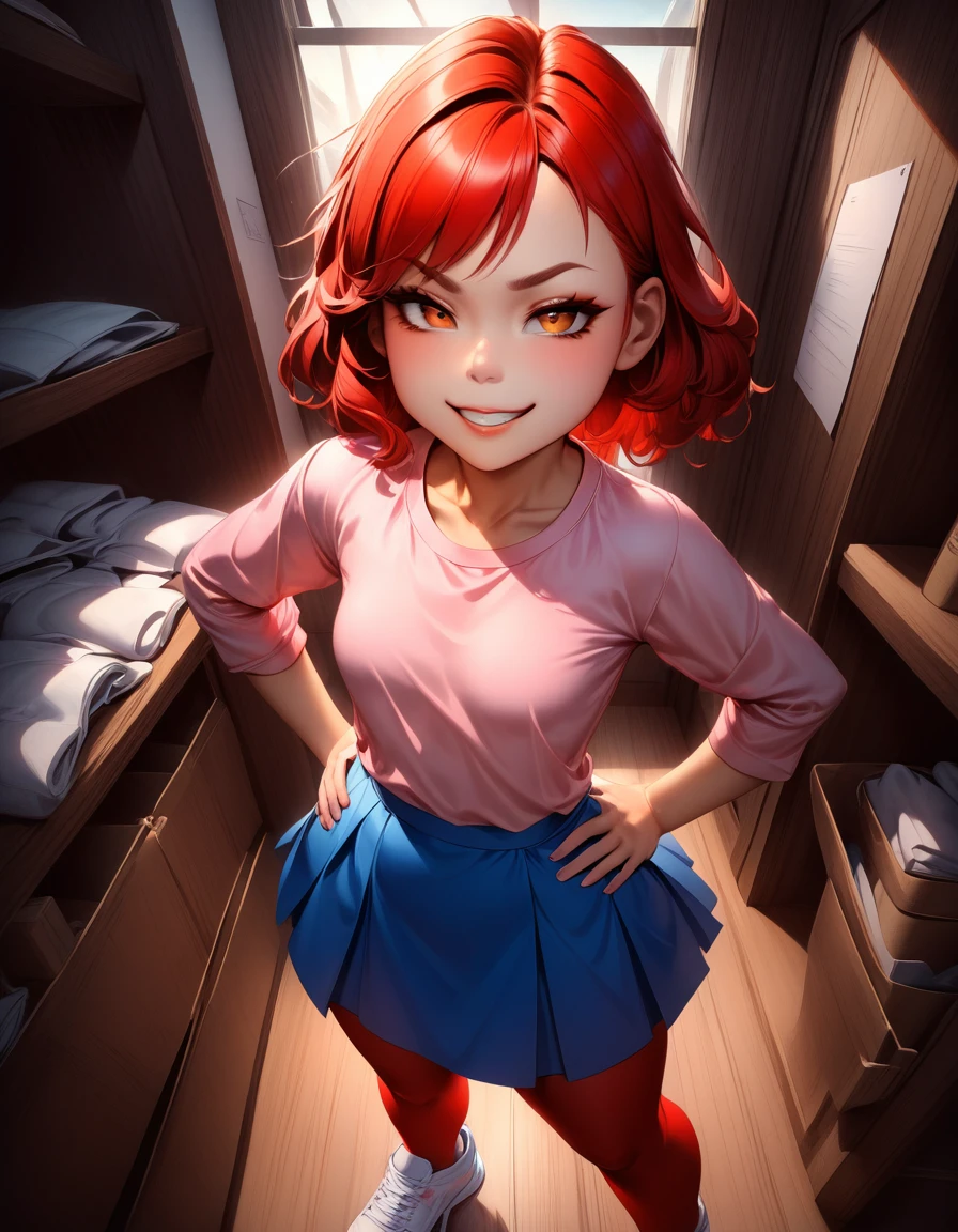 score_9_presence, score_8_up, Meilin Lee, 1girl, small breasts, pink shirt, blue skirt, red pantyhose, white sneakers, hands on hips, looking at viewer, smirk, half closed eyes, bird's eye view, indoors, red hair, brown eyes