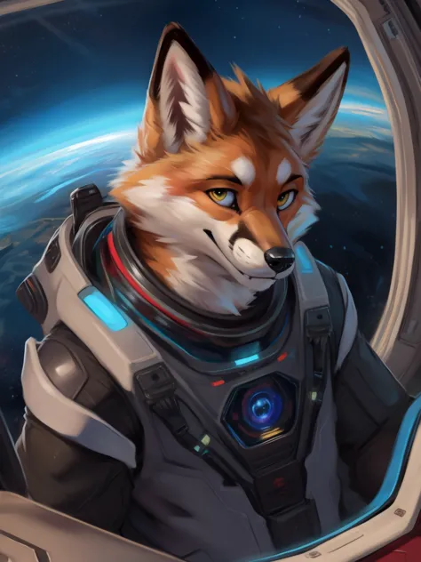 realistic, scientifically accurate, black hold, doppler shift, event horizon, accretion disk, detailed, anthro, fox, looking out...