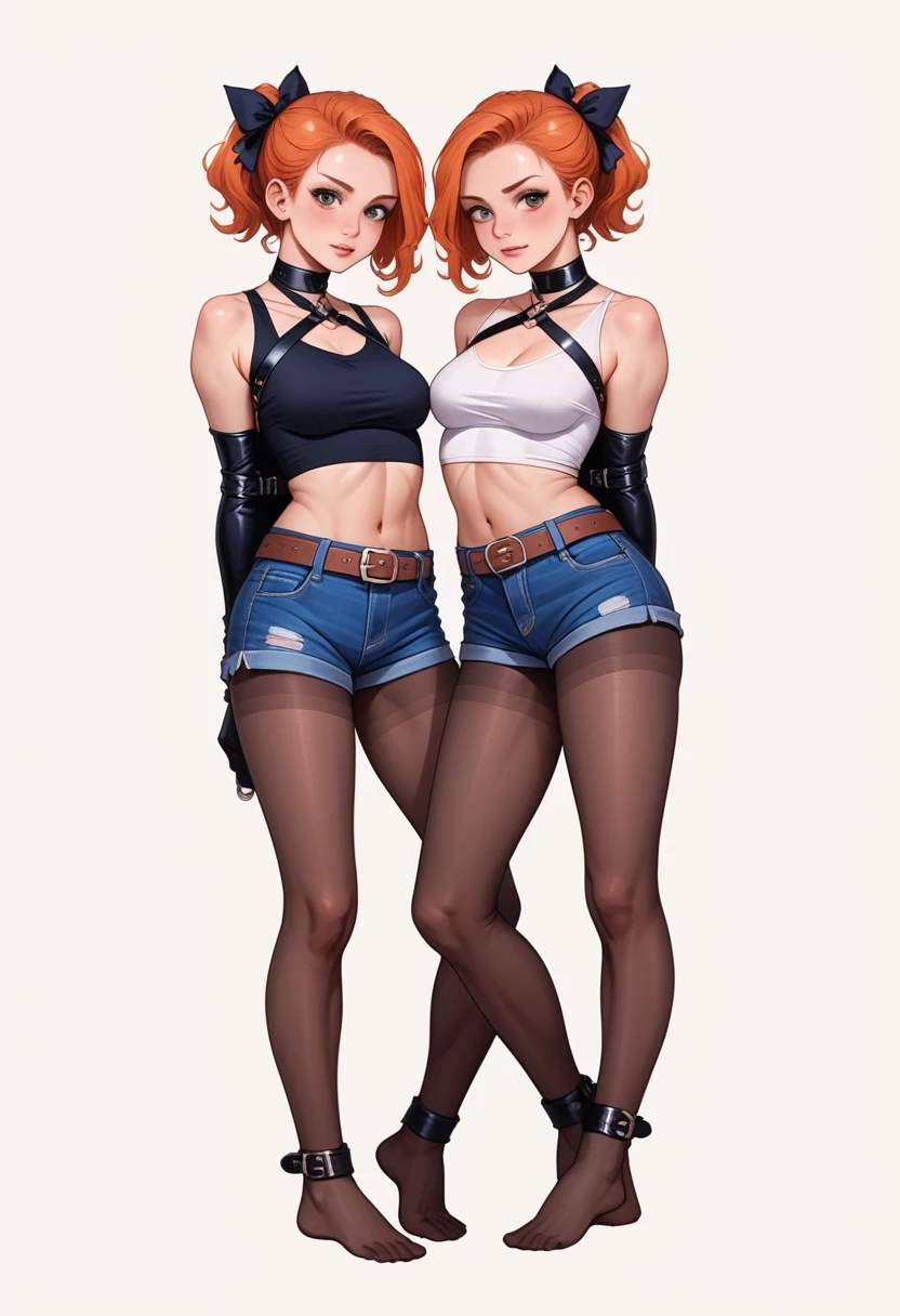 ((Full body photo, standing, feet on the ground))  ,twins, Masterpiece,Best quality,offcial art,Extremely detailed Cg Unity 8K wallpaper, 2girls, cute female , Yuri, hair adornments, Short shorts, Crop top, Pantyhose, ribbon_choker necklace, leg belt, leather belt bondage harness, wrappend in belt together