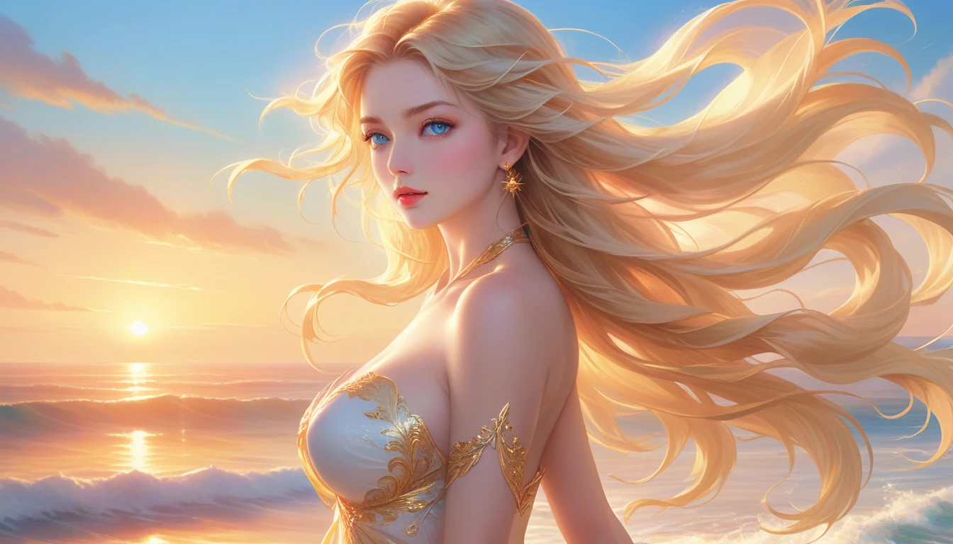 A Masterpiece In 32K Resolution, Supreme Quality, Super Detail, Official Art, Very High-Resolution 32K Wallpaper, Majestic And Aesthetic, Ultra-Detailed Features, Awe-Inspiring Detail. A Wind-Swept Beach With (Glowing Sands), (Crashing Waves), And Skin With A Golden, Sun-Kissed Glow (Highlight Her Ample Breasts). A Girl With A Mildly Pensive Expression, Flowing Sunset Blonde Hair, Glistening In The Wind, And Bright Ocean Blue Eyes, Reflecting The Surrounding Sea. Her Features Are Radiant And Breathtakingly Delicate, Bathed In (Soft Golden Sunset). (Exquisitely Detailed Beauty), With Expressions Full Of Thought And Wonder, Set Against A Majestic Coastal Scene. The Water Glistens With Fine Detail, Echoing The Beautiful Symmetry Of Her (Stunning Face). This Original Artwork Features Ultra-Precise Craftsmanship, Bringing Out Every Detail Of Her Enchanting Form And Elegant Aura.