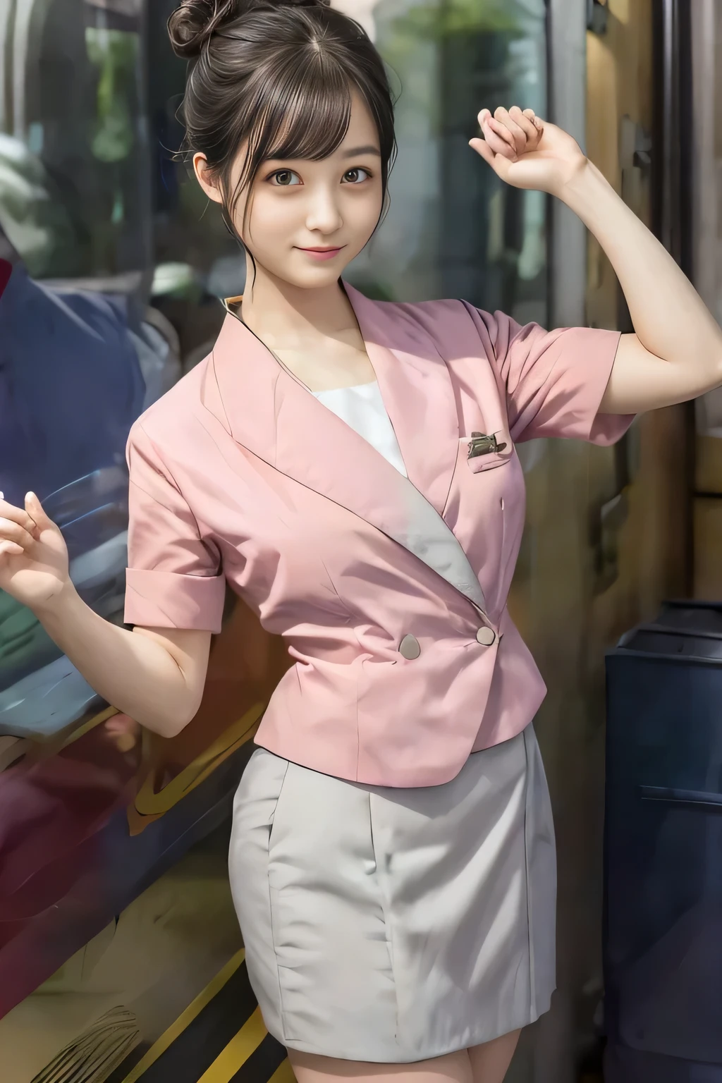 (masterpiece:1.2, Best Quality:1.2), 32K HDR, High resolution, (Alone、1 girl)、（On the roof of a building during the day、Professional Lighting）、Building rooftop background、（Nankai train crew uniform pinkを着たリアルスタイル）、（Nankai Railway crew uniform, pink, short sleeve, collarless, pink jacket、Nankai Railway crew uniform pink no-collar short-sleeve blouse、Nankai Railway crew uniform pink grey knee-length culottes）、（（The bottom of the pink short-sleeved jacket cannot be tucked into the clay-colored culottes..））、Dark brown hair、（Hair tied up、Hair Bun、Hair Bun）、Dark brown hair、Long Shot、Big Breasts、Thin legs、（（Great hands：2.0）），（（Harmonious body proportions：1.5）），（（Normal limbs：2.0）），（（Normal finger：2.0）），（（Delicate eyes：2.0）），（（Normal eyes：2.0））)、smile、（Nankai Railway crew uniform pink grey knee-length culottesを見せた美しい立ち姿）
