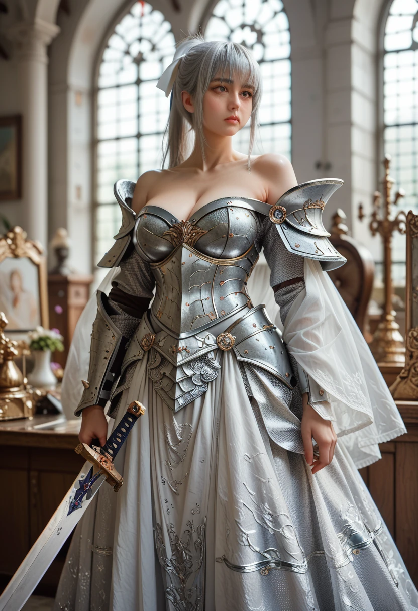 (((silver hair, masterpiece, best quality, high resolution, illustration, an extremely delicate and beautiful, cowboy shot, )))), 1girl, ponytail, huge breasts, (((white ribbon, armored dress , silver armor , off-shoulder armor, sword))), slender face,