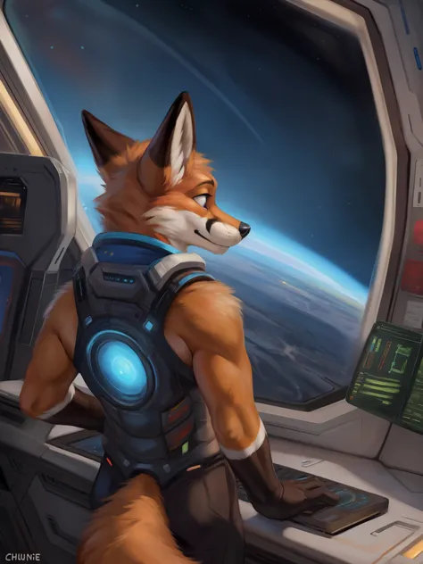 realistic, scientifically accurate, black hold, doppler shift, event horizon, accretion disk, detailed, anthro, fox, looking out...