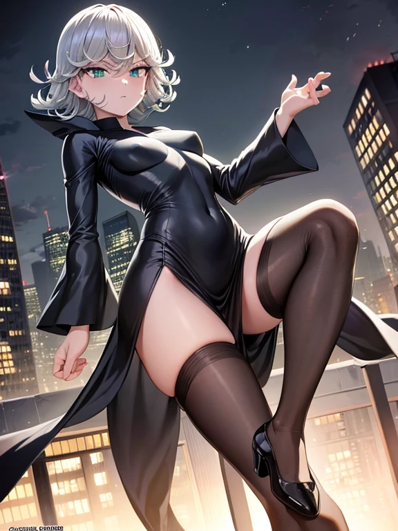 Masterpiece, best quality, ultra detailed, illustration, lighting epic, cinematic composition, 1 girl, Tatsumaki, short hair, green hair, very small breasts, green eyes, bright eyes, embaraced face, blushing, closed mouth, full body, Slim body, gray hood, Metal spikes, silver wristbands, Long black gloves, Lantern sleeves, gray victorian dress, silver dress, Somewhat tight, Black belt, Black pantyhose, Black shoes, City background, Anime