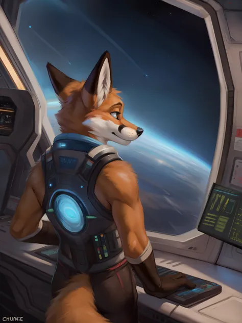 realistic, scientifically accurate, black hold, doppler shift, event horizon, accretion disk, detailed, anthro, fox, looking out...