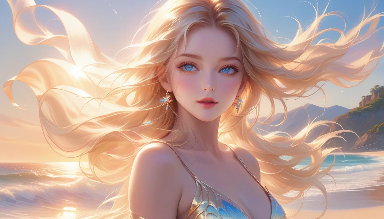 A Masterpiece In 32K Resolution, Supreme Quality, Super Detail, Official Art, Very High-Resolution 32K Wallpaper, Majestic And Aesthetic, Ultra-Detailed Features, Awe-Inspiring Detail. A Wind-Swept Beach With (Glowing Sands), (Crashing Waves), And Skin With A Golden, Sun-Kissed Glow (Highlight Her Ample Breasts). A Girl With A Mildly Pensive Expression, Flowing Sunset Blonde Hair, Glistening In The Wind, And Bright Ocean Blue Eyes, Reflecting The Surrounding Sea. Her Features Are Radiant And Breathtakingly Delicate, Bathed In (Soft Golden Sunset). (Exquisitely Detailed Beauty), With Expressions Full Of Thought And Wonder, Set Against A Majestic Coastal Scene. The Water Glistens With Fine Detail, Echoing The Beautiful Symmetry Of Her (Stunning Face). This Original Artwork Features Ultra-Precise Craftsmanship, Bringing Out Every Detail Of Her Enchanting Form And Elegant Aura.